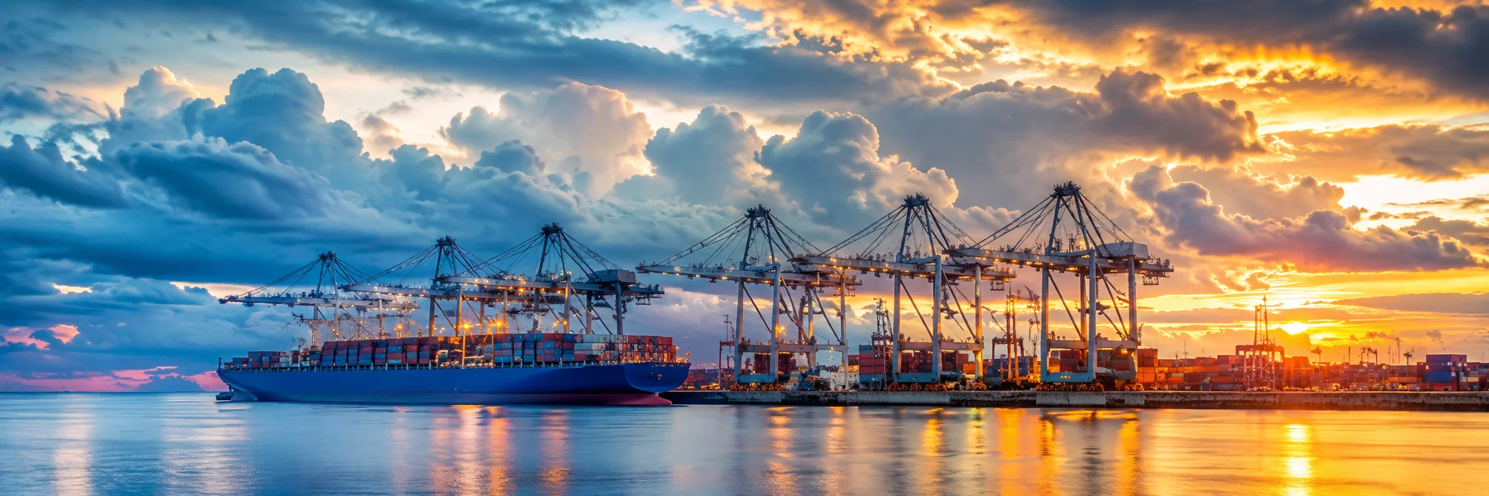Container terminal with gantry cranes at dusk